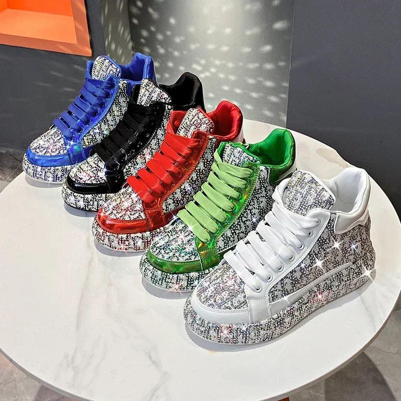 Luxurious Designer Platform Sneakers Women Contrasting Color Shiny Heightening Flat Lace-up Side Zipper Ladies High Top Shoes