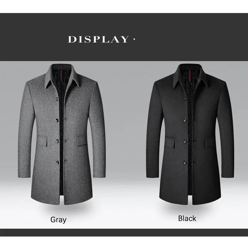 BROWON Brand Winter Coat Men  Autumn Solid Turn-Down Collar Wool Long Jacket for Men New Business Casual Keep Warm Outerwear