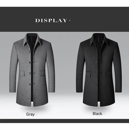 BROWON Brand Winter Coat Men  Autumn Solid Turn-Down Collar Wool Long Jacket for Men New Business Casual Keep Warm Outerwear