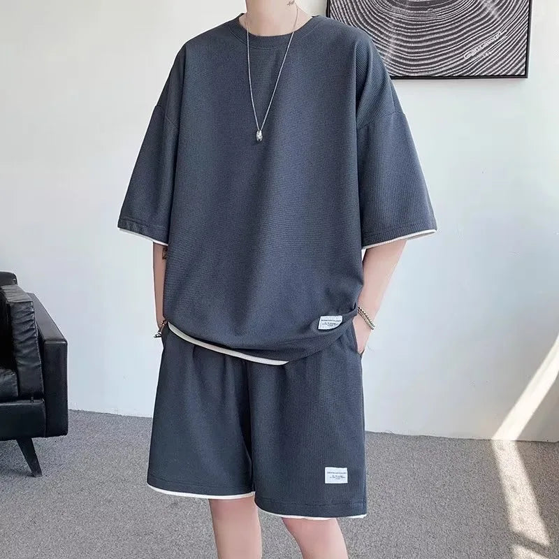 New Summer Men Waffle Sets Casual T-Shirt and Shorts Set Male Sports Suit Solid Color Tracksuit Loose Suits Size 5XL