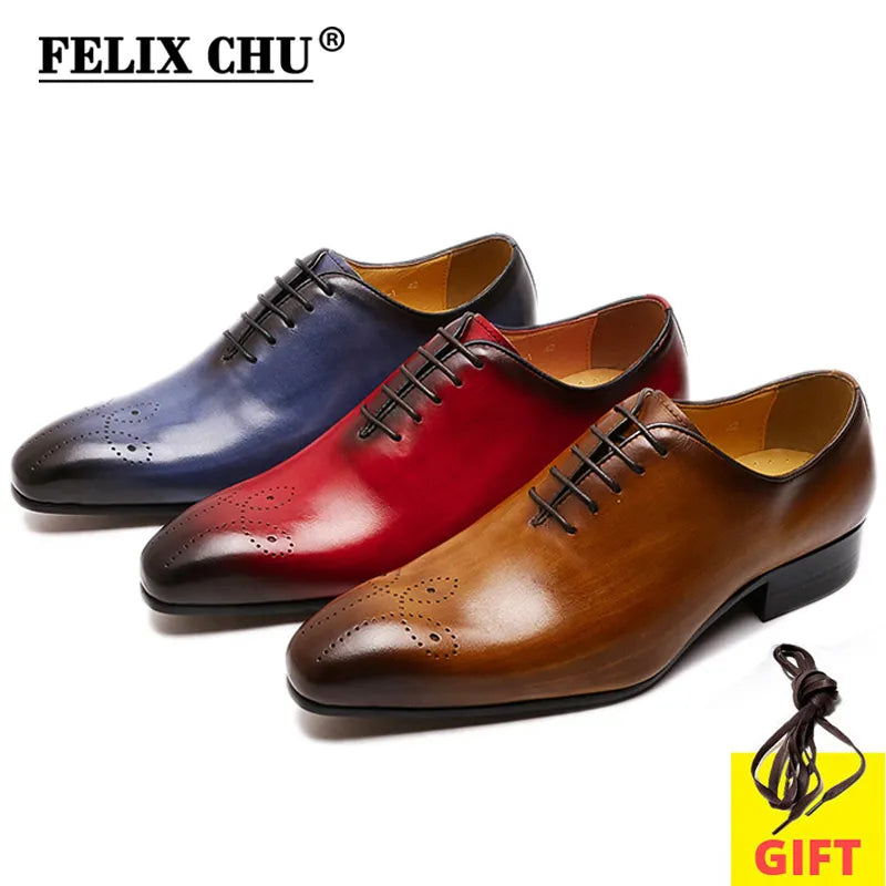 FELIX CHU Mens Oxford Genuine Leather Shoes Whole Cut Fashion Pointed Toe Lace-up Formal Business Wedding Dress Shoes for men