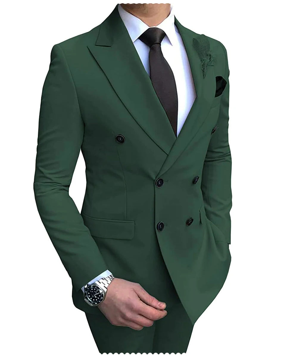 New Beige Men's Suit 2 Pieces Double Breasted Notch Lapel Flat Slim Fit Casual Tuxedos For Wedding(Blazer+Pants)