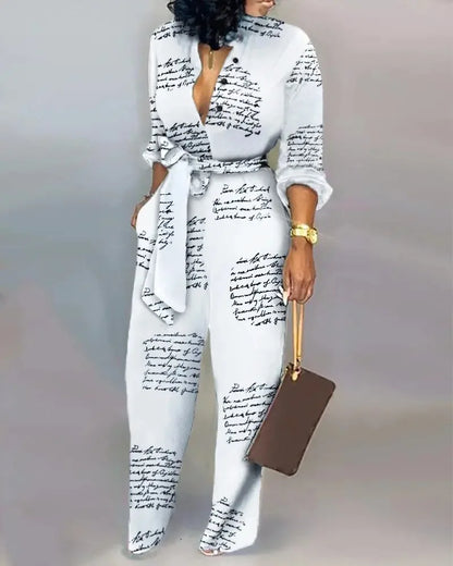 Autumn Casual Women Jumpsuits Print V-Neck High Waist Belt Long Sleeve Elegant Straight Pants Jumpsuit Rompers For Women