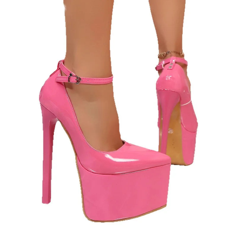 European and American Style High Heels for Women Sky-High One-Strap Patent Leather Thick-Soled Plus Size Height-Increasing Shoes