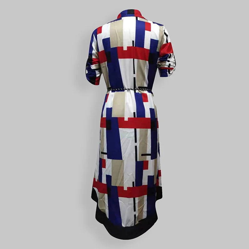 2024 Women's Autumn New Fashion and Elegant Commuter Print V-neck Lace up Long Sleeve Slim Fit Mid length Dress