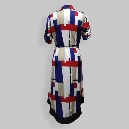 Women's Autumn New Fashion and Elegant Commuter Print V-neck Lace up Long Sleeve Slim Fit Mid length Dress
