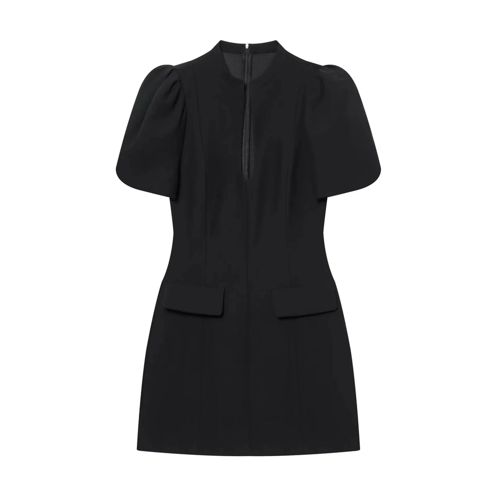 KONDALA Elegant Holiday Chic Women Mini Dress Black O-Neck Zipper Short Puff Sleeve Dress Fashion 2026 Spring Summer Party Dress