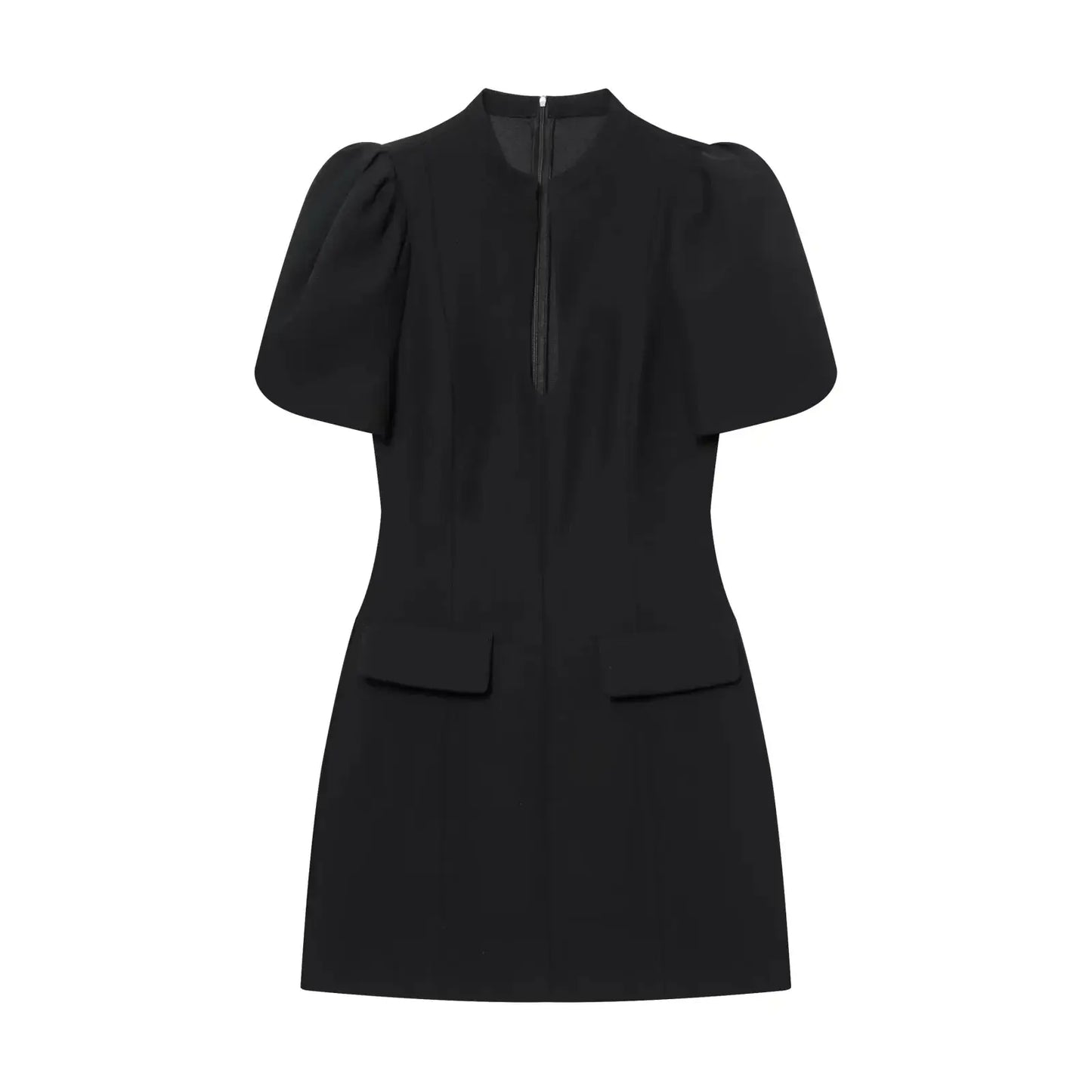 KONDALA Elegantes Holiday Chic Damen Mini Kleid Schwarz O-Ausschnitt Reißverschluss Kurzes Puffärmel Kleid Mode 2026 Frühling Sommer Partykleid