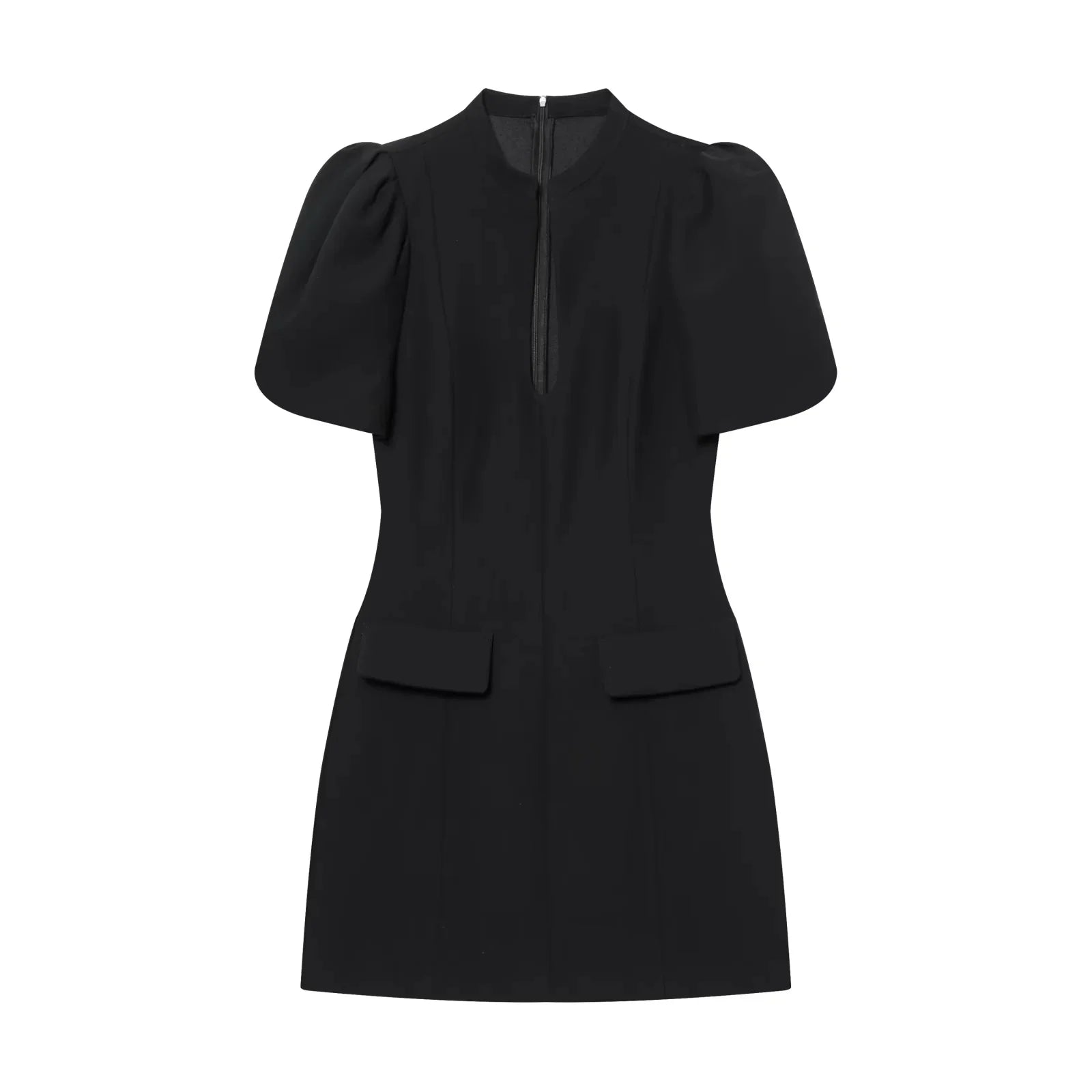 KONDALA Elegant Holiday Chic Women Mini Dress Black O-Neck Zipper Short Puff Sleeve Dress Fashion 2026 Spring Summer Party Dress