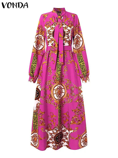 VONDA Maxi Dress  Summer Women Bohemian Printed Party Sundress Long Sleeve Stand Collar Casual Robe Holiday Vestidos Belted