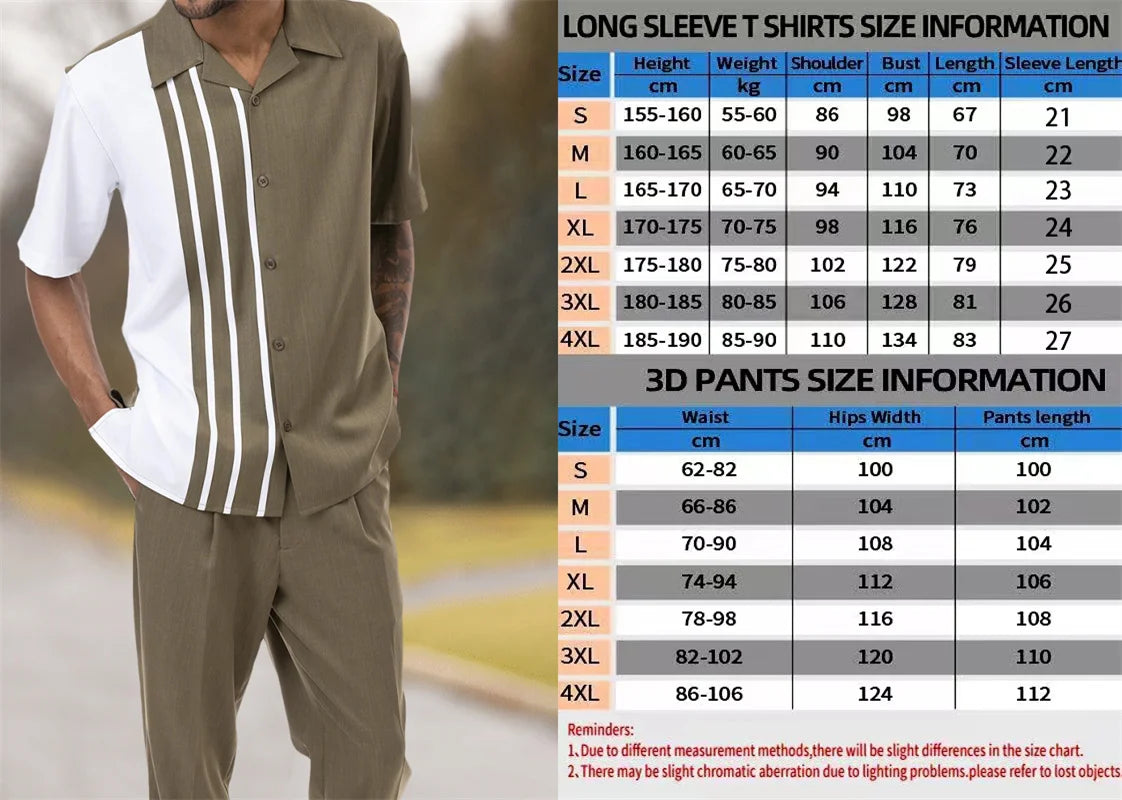 2023 spring men's casual short-sleeved shirt + long pants fashion brand 3D plaid pattern cardigan top oversized men's clothing