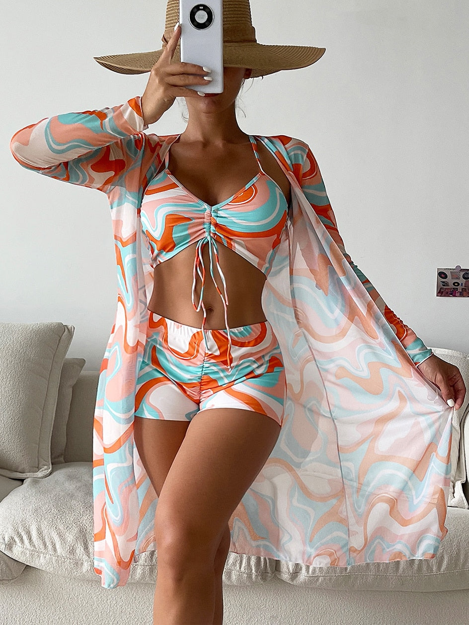 3 Pieces Sexy Print Bikini 2023 Women High Waist Swimsuit Cover Up Swimwear Female Lady Bathing Suit Swimming Summer Beachwear