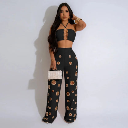 FLARORA Y2k Hole Sequined Wide Leg Pants Streetwear Sexy Solid Halter Sleeveless Backless Tops And Pants Women's Two Pieces Set