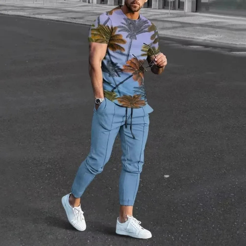 New Men's Comfortable Breathable Short Sleeve Round Neck T-shirt Pants Set 3D Printed Latest Retro Outdoor Leisure Set
