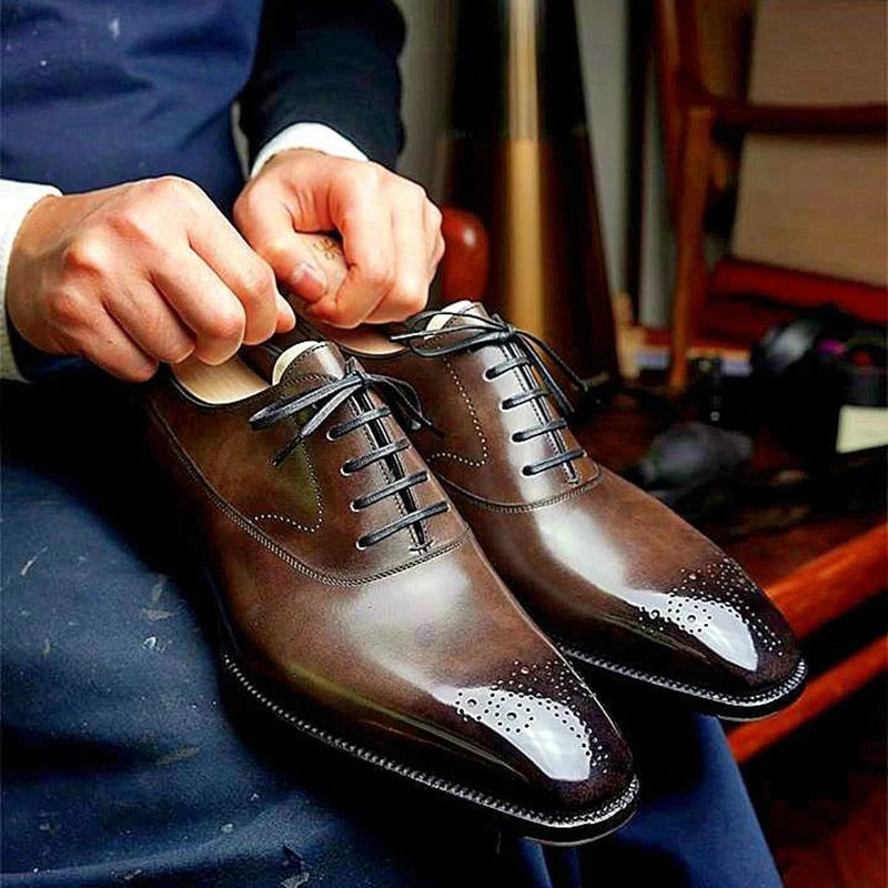 Oxfords Shoes for Men Brown Black Business Lace-up Pu Office  Brogue Dress Shoes Zapatos De Vestir Hombre