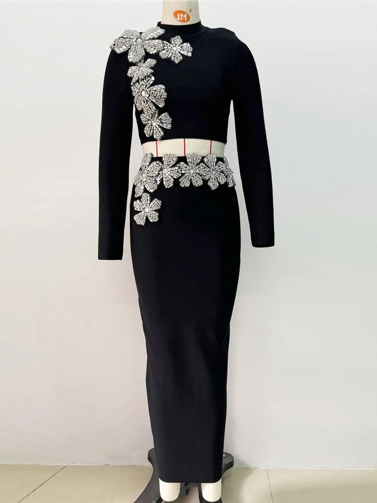 Sexy Long Sleeves Bandage 2-Piece Sets Women Turtleneck Shiny Diamonds Flower Top + Bodycon Mini  Skirts Suits Evening Party Set