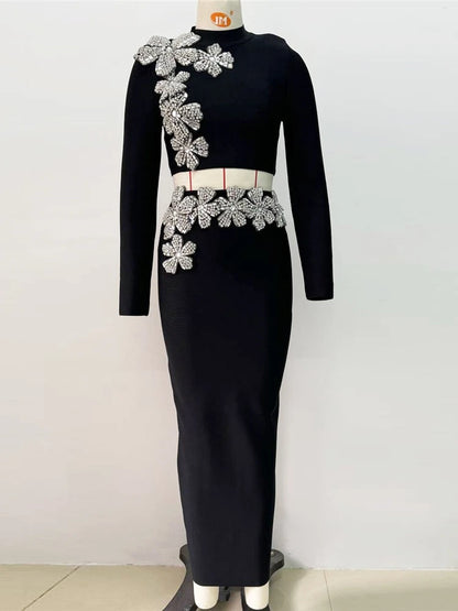 Sexy Long Sleeves Bandage 2-Piece Sets Women Turtleneck Shiny Diamonds Flower Top + Bodycon Mini  Skirts Suits Evening Party Set