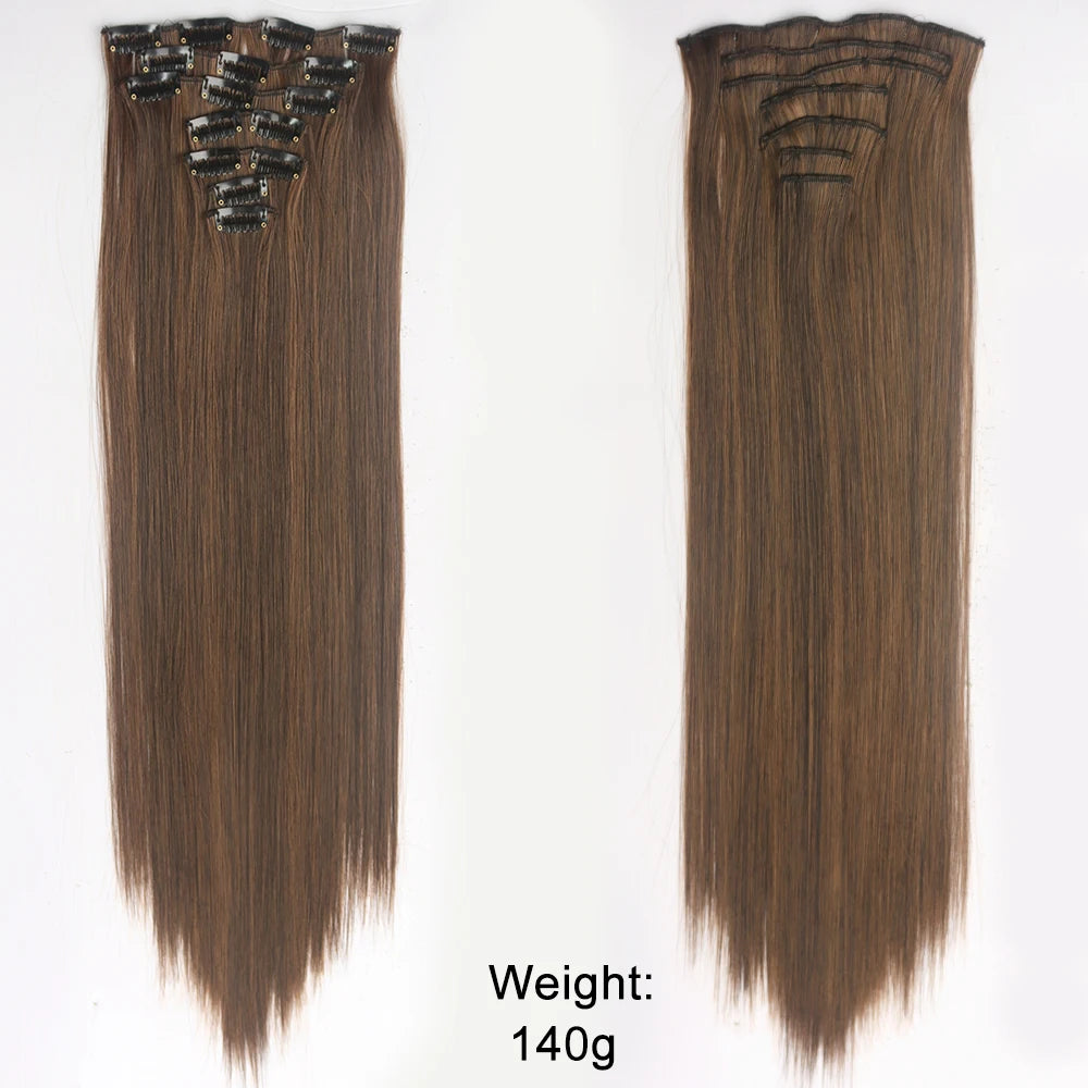7Pcs/Set 16 Clips Hair Extension Black Long Straight Natural Hair Ombre Hairpiece Heat Resistant Fiber for Women Hairstyle