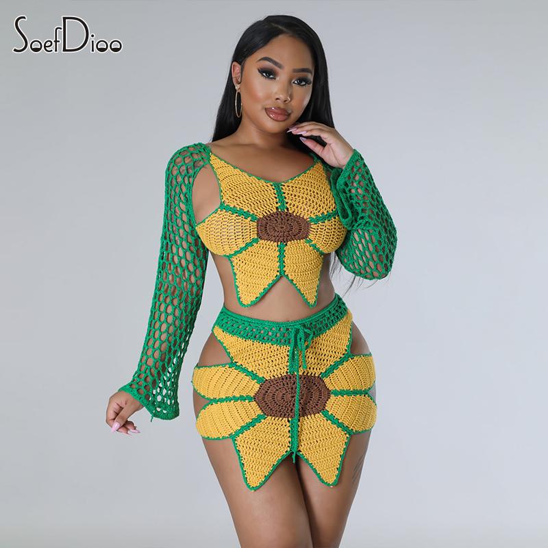 Soefdioo Knitted Hollow Out Beach Style Two Piece Set Women Sexy Long Sleeve Backless Top and Irregular Mini Skirt Matching 2023