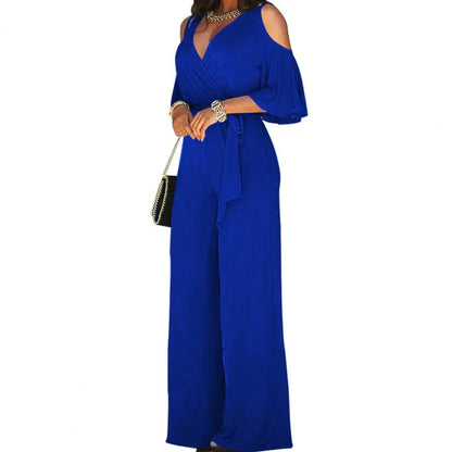 Spring And Autumn Women Jumpsuit Hollowed Out Strapless Solid Color Women Jumpsuit V-neck High Waist Belt Wide-leg Pant