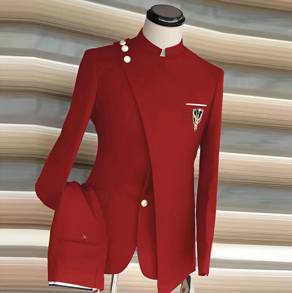 African Style Men's Suit 2 Piece Set Single Breasted Blazer Groom Wedding Tuxedo Gold Button Design Formal Jacket Pants 2 Piece