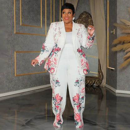 CM.YAYA Plus Size Women's Set Long Sleeve Floral Print Blazer +Wide Leg Pants Suit  Fall Two 2 Piece Set Outfits Tracksuit