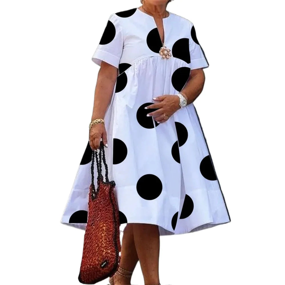 Modigirl Women Midi Shirts Dress 2024 Summer Short Sleeves Black and White Polka Dot Daily Casual Simple Female A-line Dresses