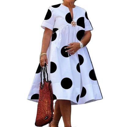 Modigirl Women Midi Shirts Dress  Summer Short Sleeves Black and White Polka Dot Daily Casual Simple Female A-line Dresses