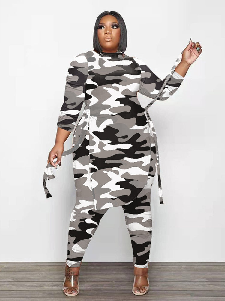 Plus Size 2 Piece Set Women 5xl Fall Long Sleeve Top and Pant Suit Camouflage Outfit Two Piece Wholesale Bulk Dropshipping