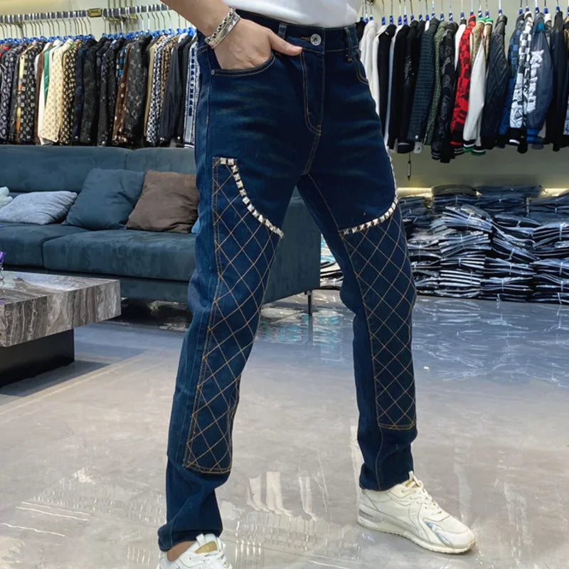 Comfortable Jeans Men 2023 Fall And Winter New Print Legging Slim Fit Fashion Korean High Quality Plaid Print Pattern Jeans Blue