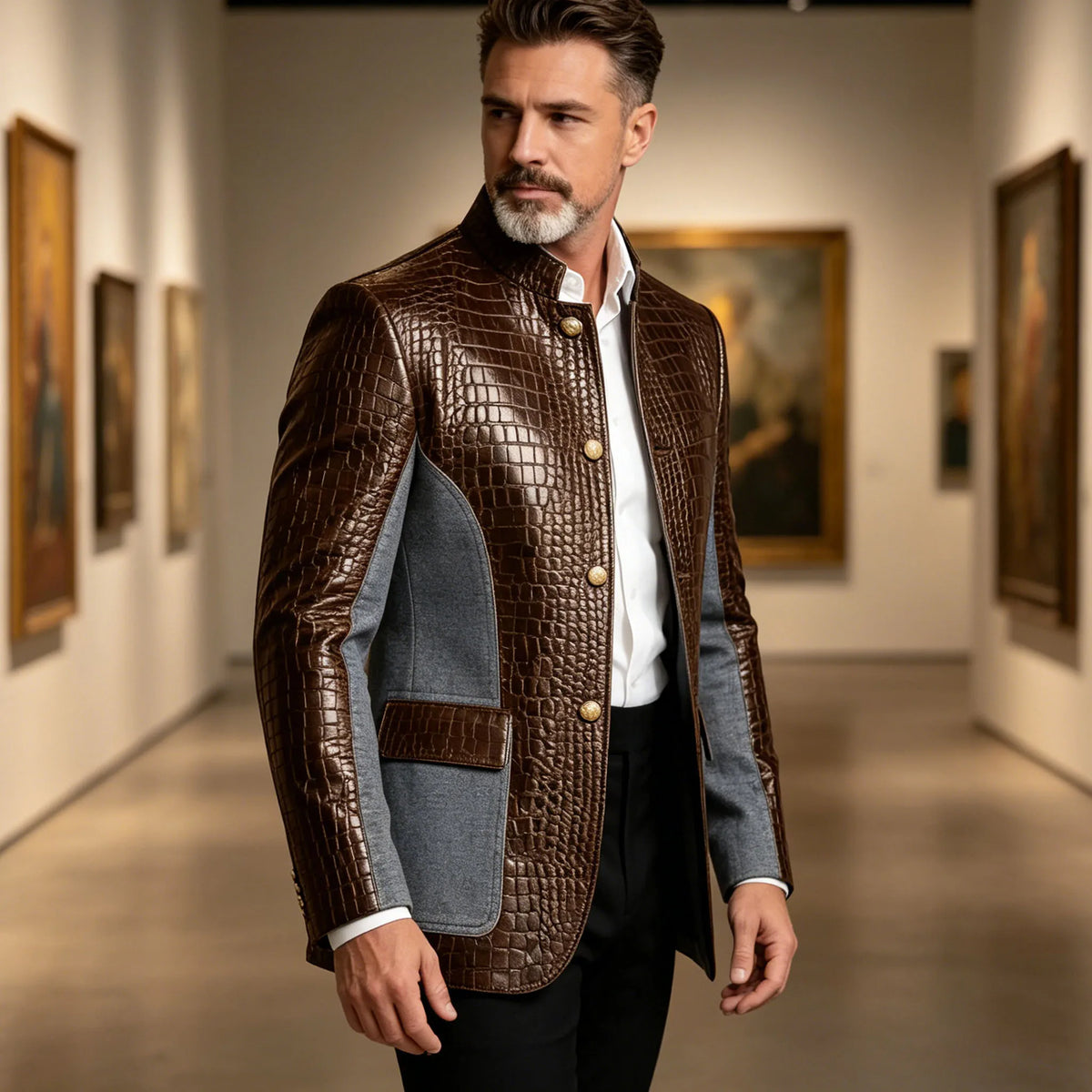 Men's crocodile embossed leather denim blazer gallery pose three-quarter view