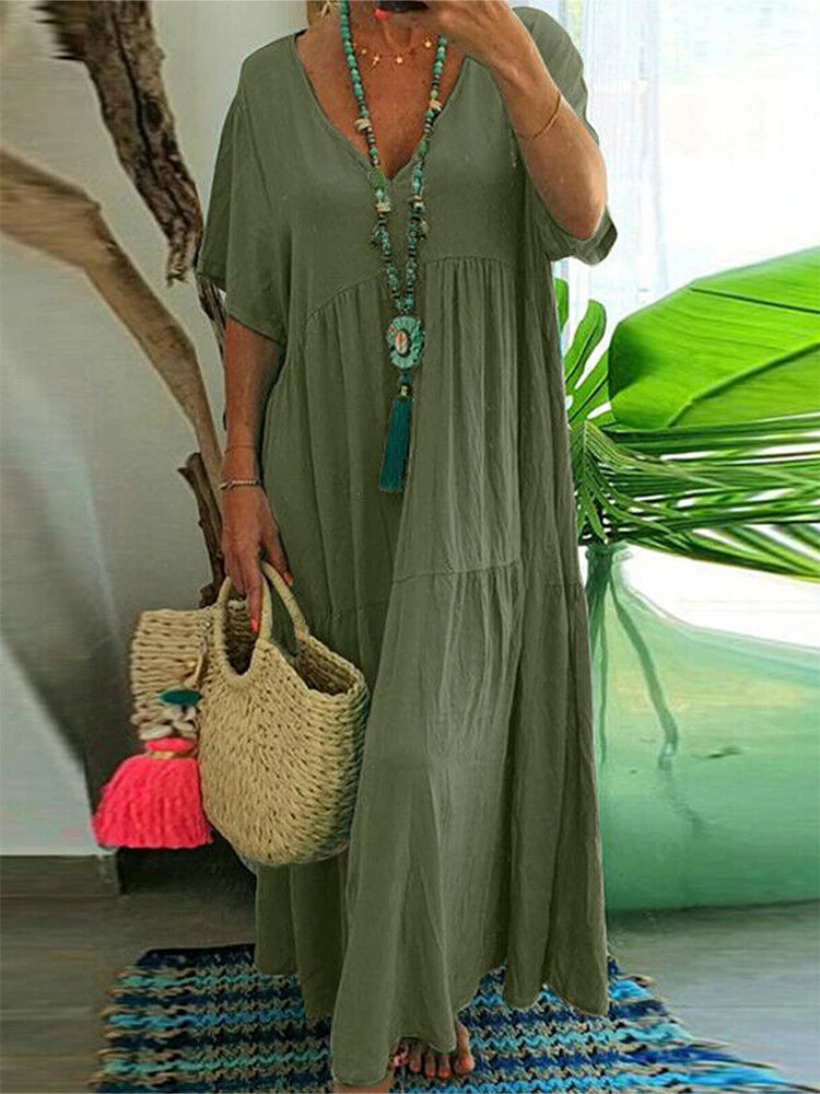 plus Size Women's Casual Loose V-Neck Solid Long Dress Spring Summer Pleated Big Size Women's Dress