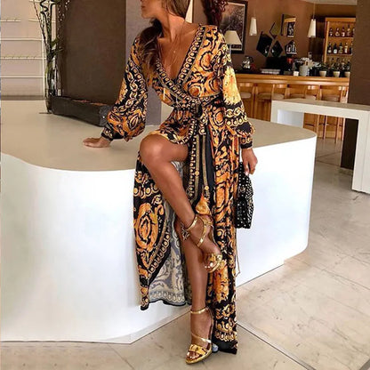 Womens Boho V-Neck Printed Sundress Long Maxi Dress for Summer Loose Party Beach Holiday Casual Long Dress  New Beach Dress