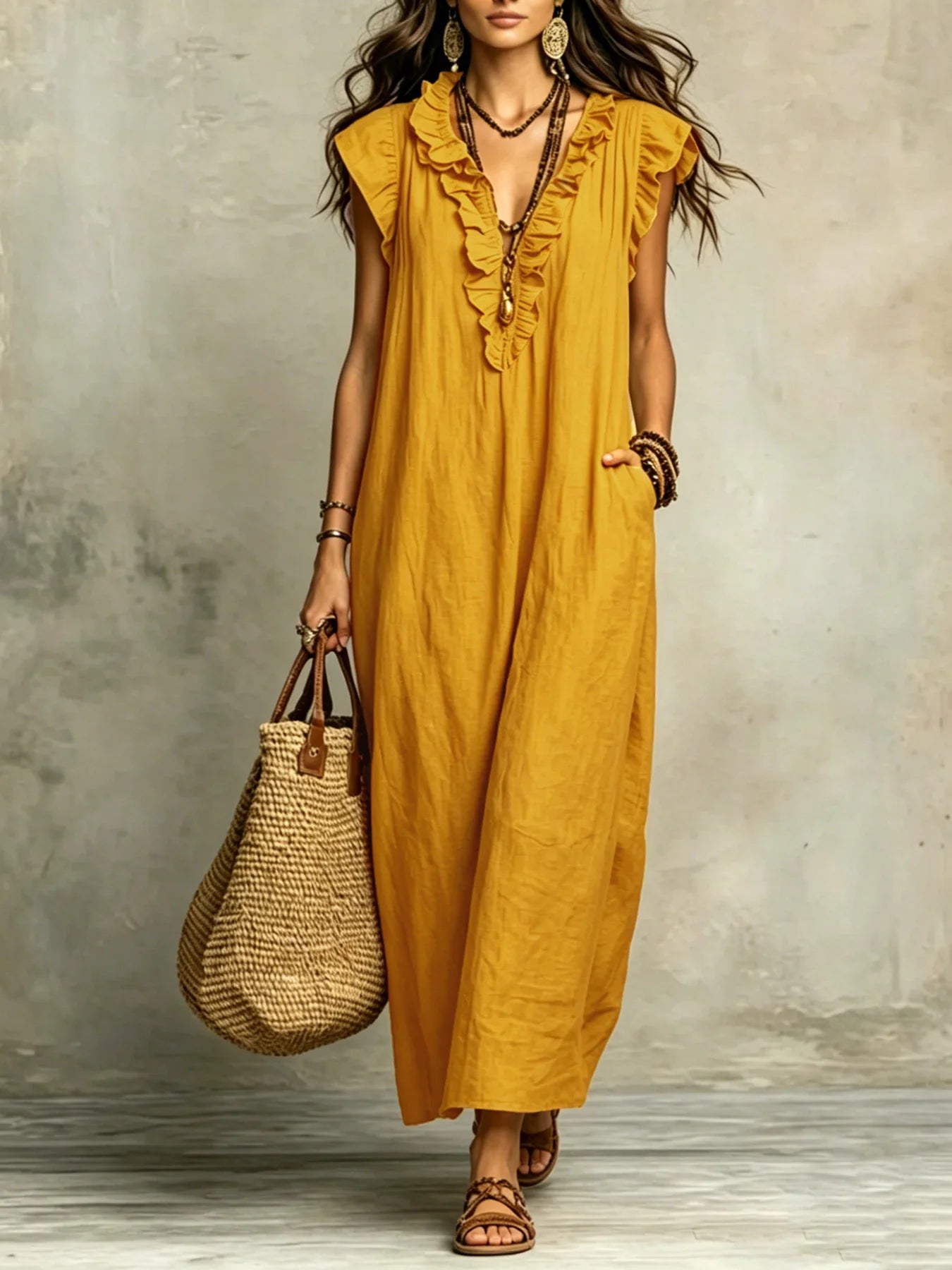 Women's Spring Summer Bohemian Long Dress with Flying Sleeves Elegant Gown for Ladies