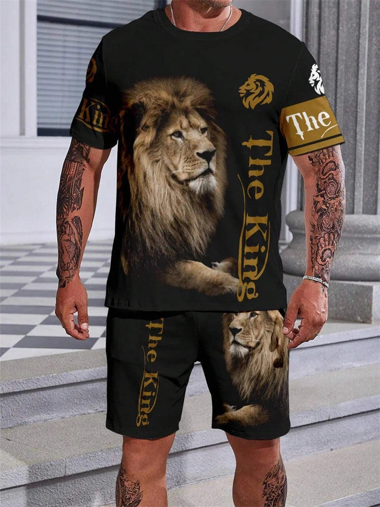 2024 New Crew Neck Short Sleeve T-shirt Fashion Shorts Set 3D Lion Print Short Sleeve Shorts 2-piece Men's Summer Sports Set