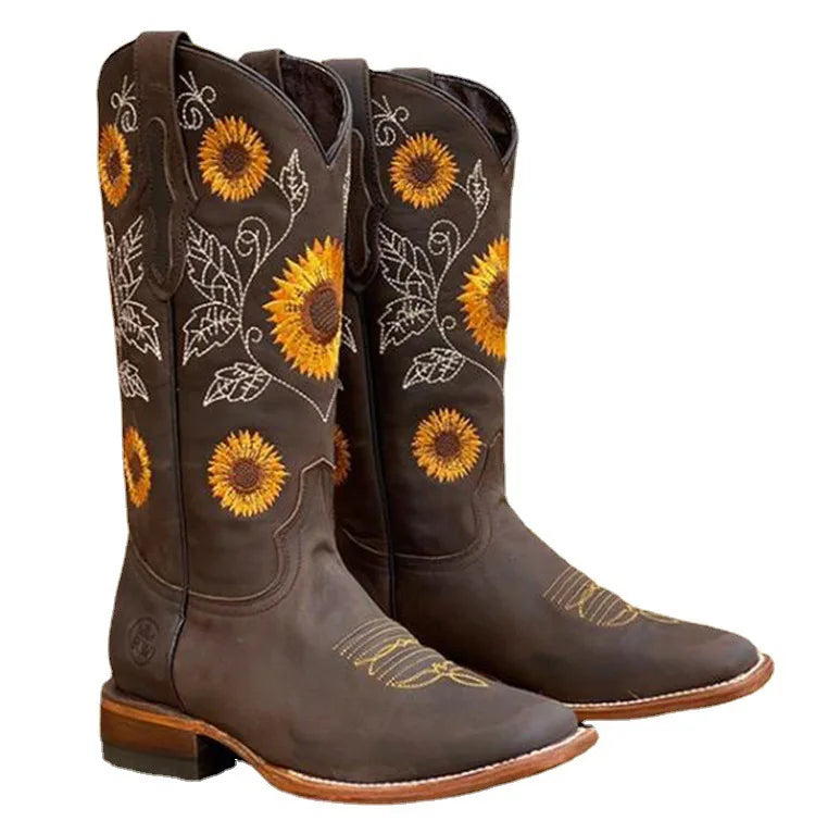 WTEMPO Women Brown Embroidery Boots PU Leather Printed Western Cowboy Boots Deep V-mouth High Tube Casual Boots Classic Shoes