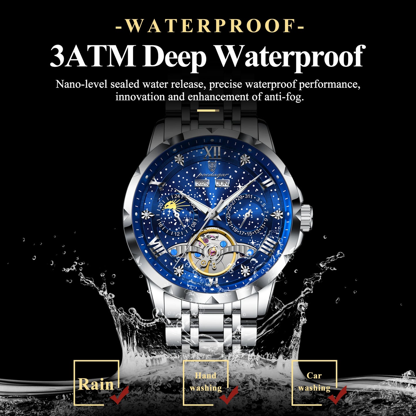POEDAGAR Top Original Men Clock Automatic Mechanical Stainless Steel Men's Watches Calendar Hollow Tourbillon Man Watch Male+Box