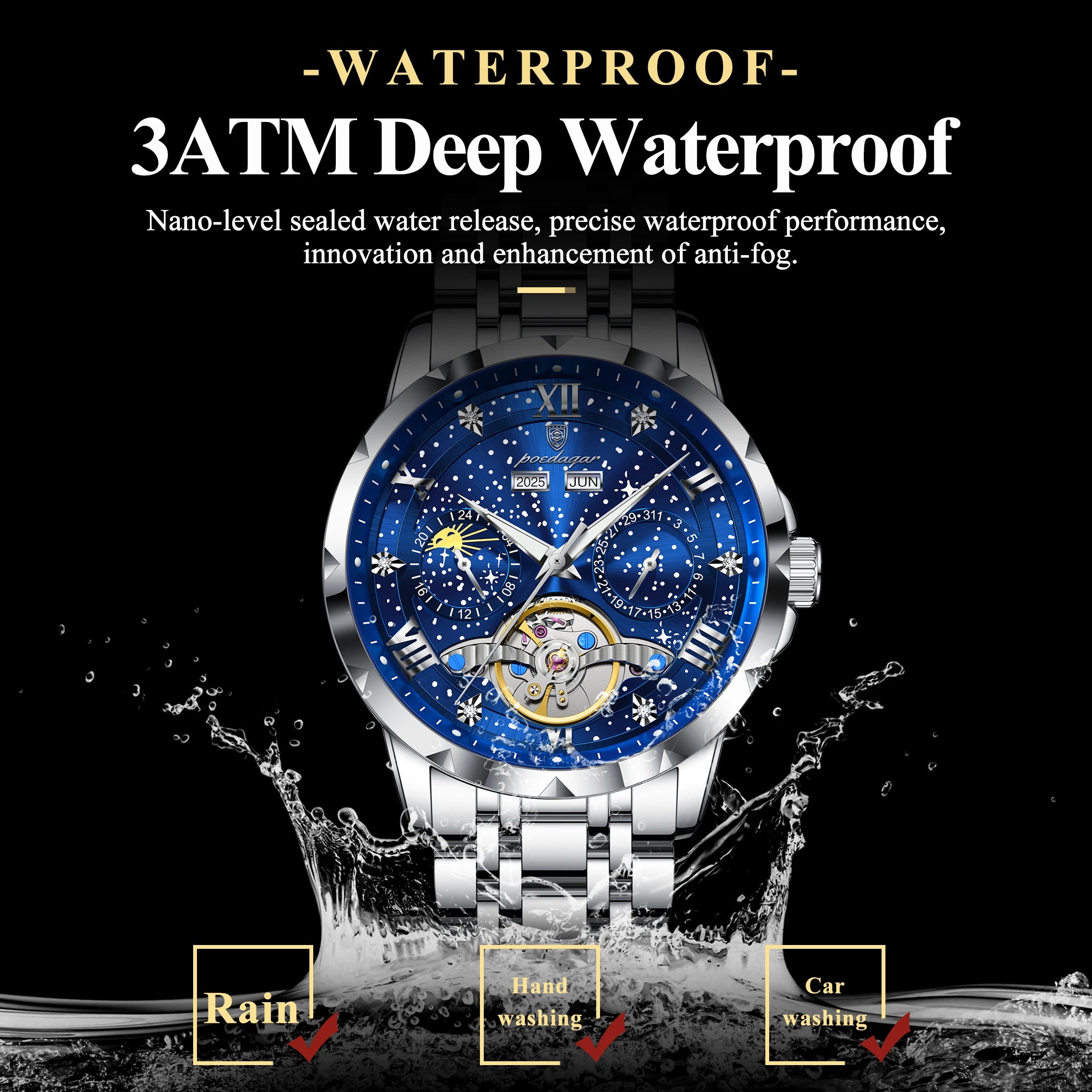 POEDAGARTopOriginal Men Clock Automatic MechanicalStainless Steel Men's Watches Calendar Hollow Tourbillon Man Watch Male+Box