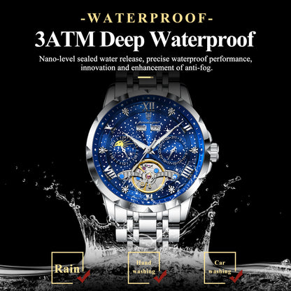 POEDAGAR Top Original Men Clock Automatic Mechanical Stainless Steel Men's Watches Calendar Hollow Tourbillon Man Watch Male+Box
