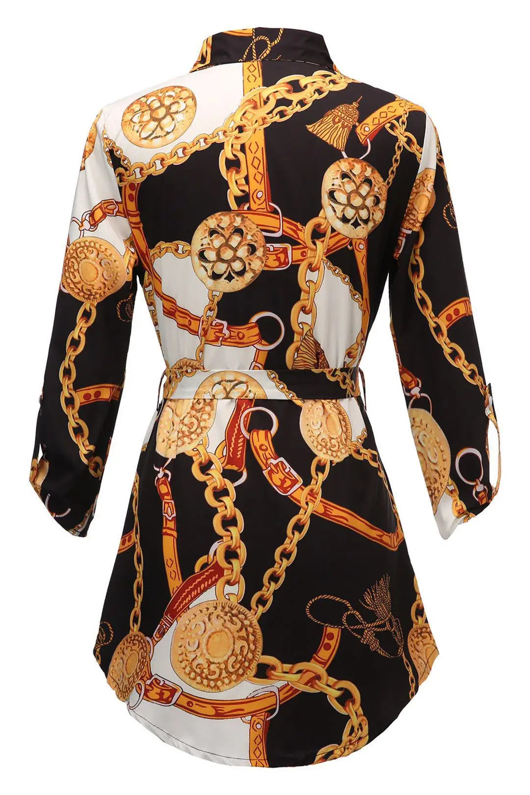 2024 Autumn New Women's Dress Fashionable Sexy Gold Chain Slim Fit Printed Single Breasted Lace Up Waist Cinching Short Skirt