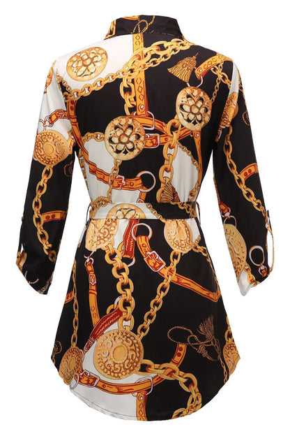 Autumn New Women's Dress Fashionable Sexy Gold Chain Slim Fit Printed Single Breasted Lace Up Waist Cinching Short Skirt