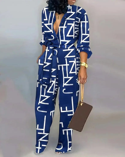 Autumn Casual Women Jumpsuits Print V-Neck High Waist Belt Long Sleeve Elegant Straight Pants Jumpsuit Rompers For Women