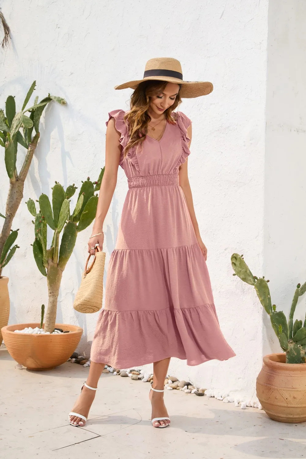 Summer Woman Dress V Neck Sleeveless Red Dresses High Waist A Line Green Maxi Dress Tiered Skirt Boho Black Casual Dress