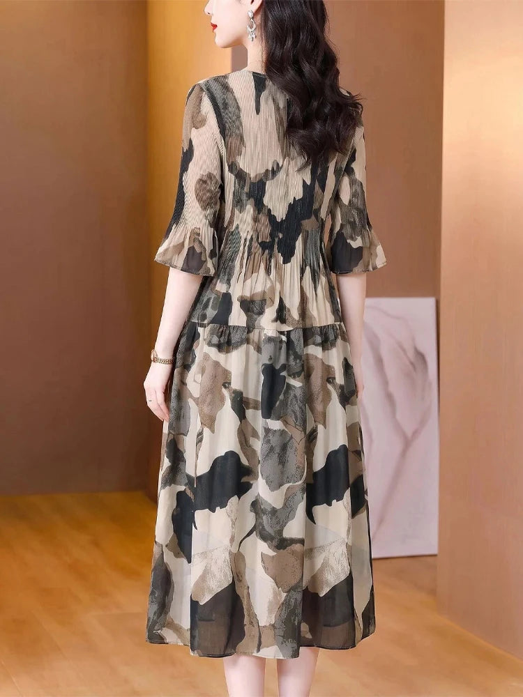 2026 Fashion Dresses for Women Elegant O-Neck Print Women Dress Slim Folds A-LINE Dress Women Vestidos De Verano Mujer Q6292