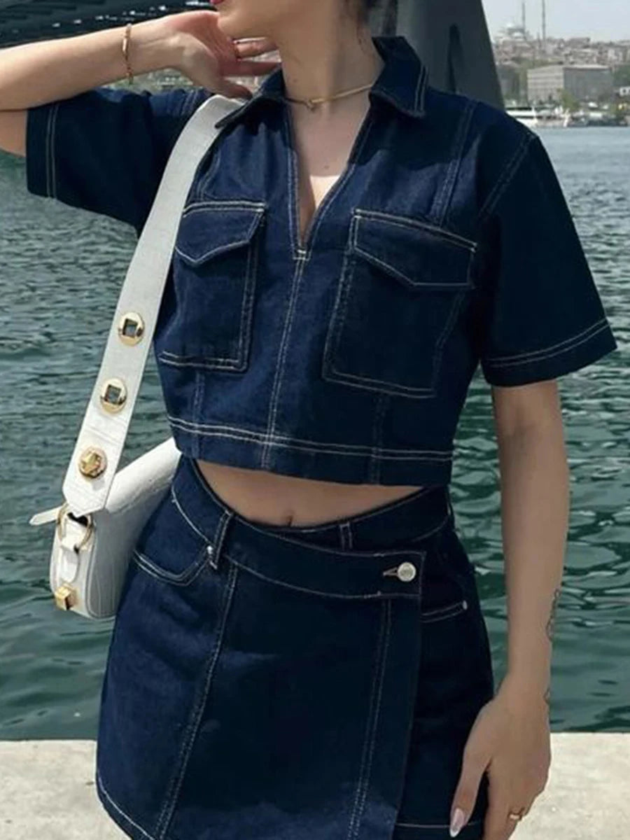 Women’s 2 Piece Denim Outfits Summer Short Sleeve Lapel Jean Pullover Tops and Asymmetrical Shorts Set for Streetwear Grunge Y2K