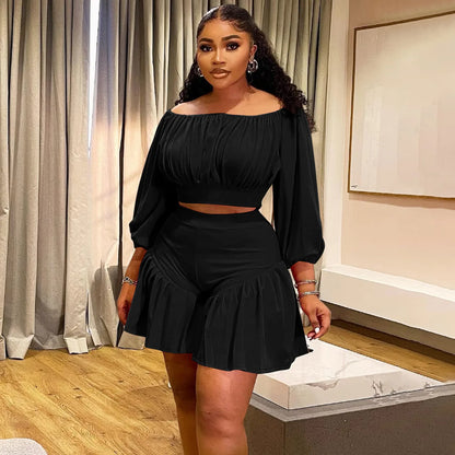 CM.YAYA Plus Size Women's Set Long Sleeve Slash Neck T-Shirt and Shorts  Summer Ruched Two 2 Piece Set Outfits Tracksuit