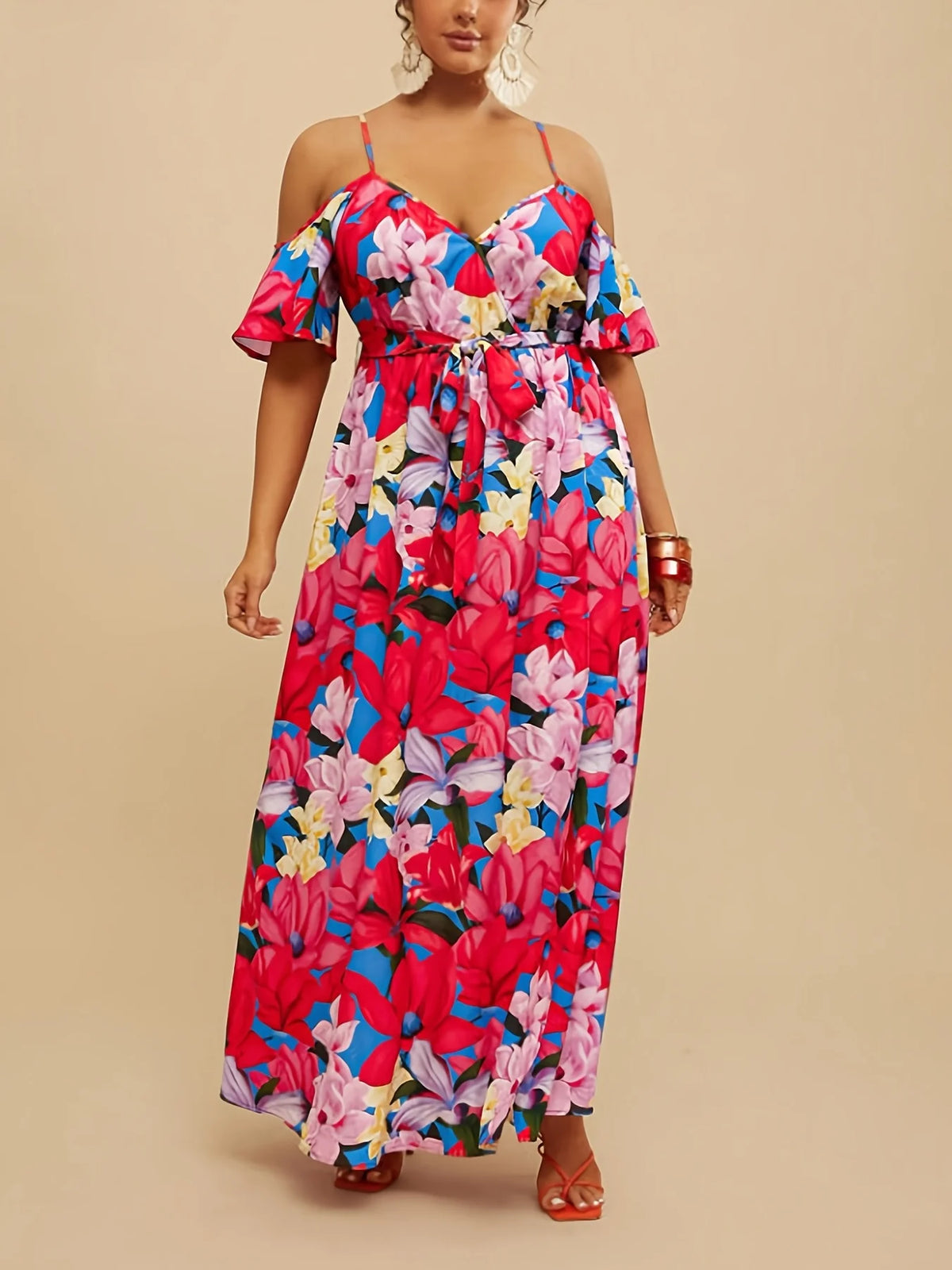 Sommer Neues elegantes schulterfreies, langärmliges Maxikleid in Übergröße, lässiges lockeres, tailliertes Kleid mit sexy Schlitz