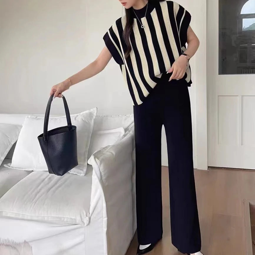 Women Sweater Wide Leg Pant Set Casual Striped Pullovers Suits  Knitted Loose Short Sleeve Elegant 2-PiecesTops Elastic Trouser