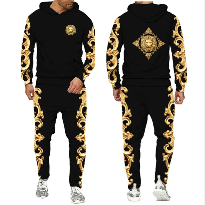 Baroque Court Style Hoodie/Suit Men's Luxury Golden Flower 3D Printed Sweatshirt&Trousers Set Fashion Unisex Streetwear Clothing