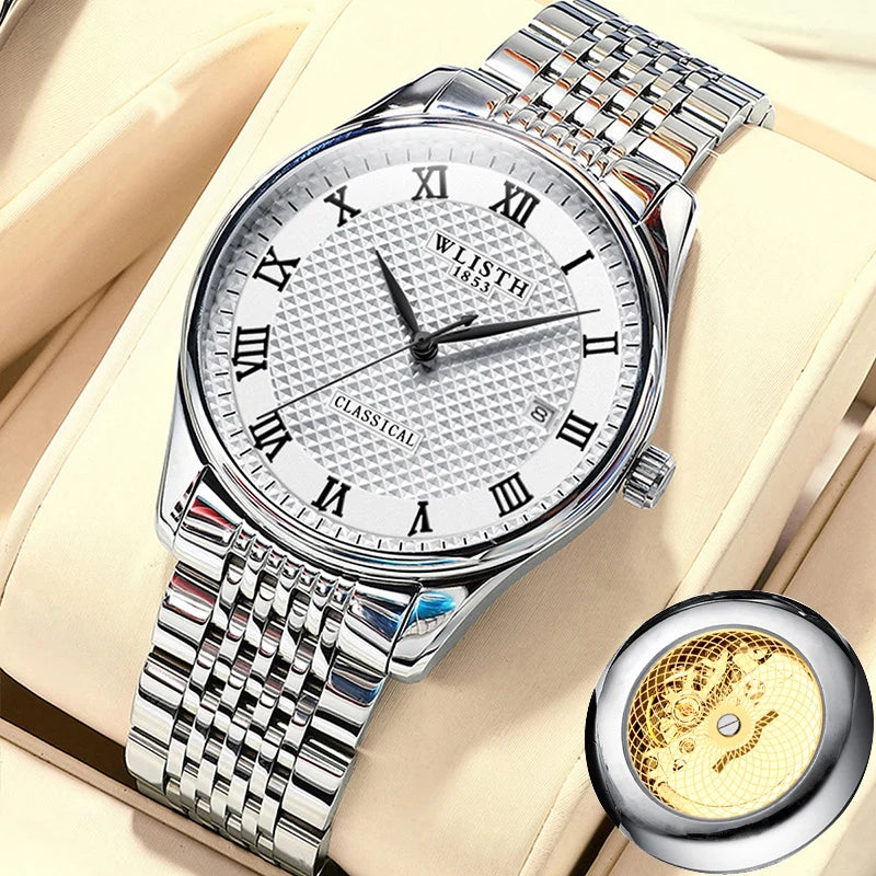 WLISTH Luxury Stainless Steel Watches for Man Waterproof Luminous Quartz Watches Roman Scale Wristwatch Date Week Men Watch